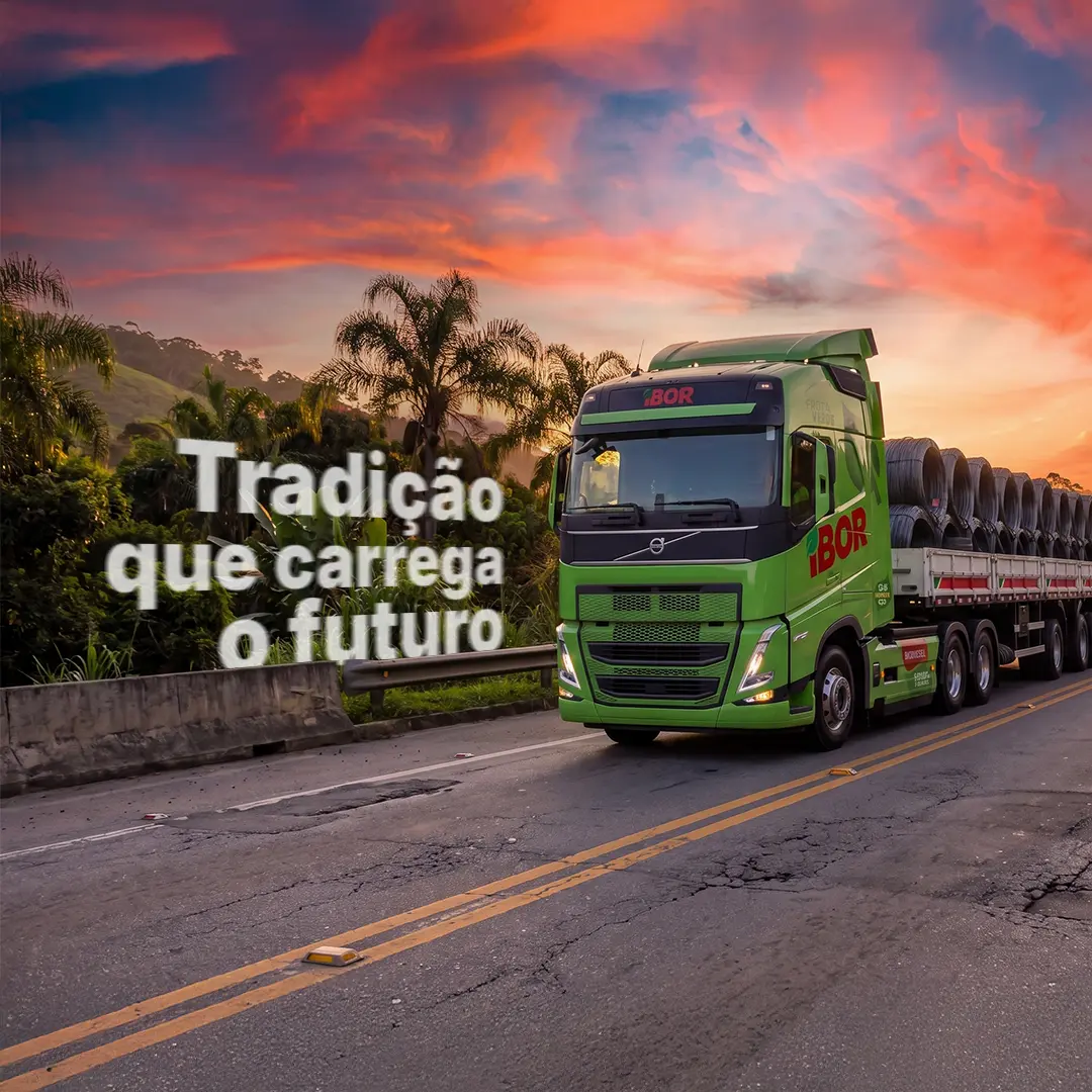 Caminhão IBOR verde em rodovia ao pôr do sol, com o texto “Tradição que carrega o futuro”