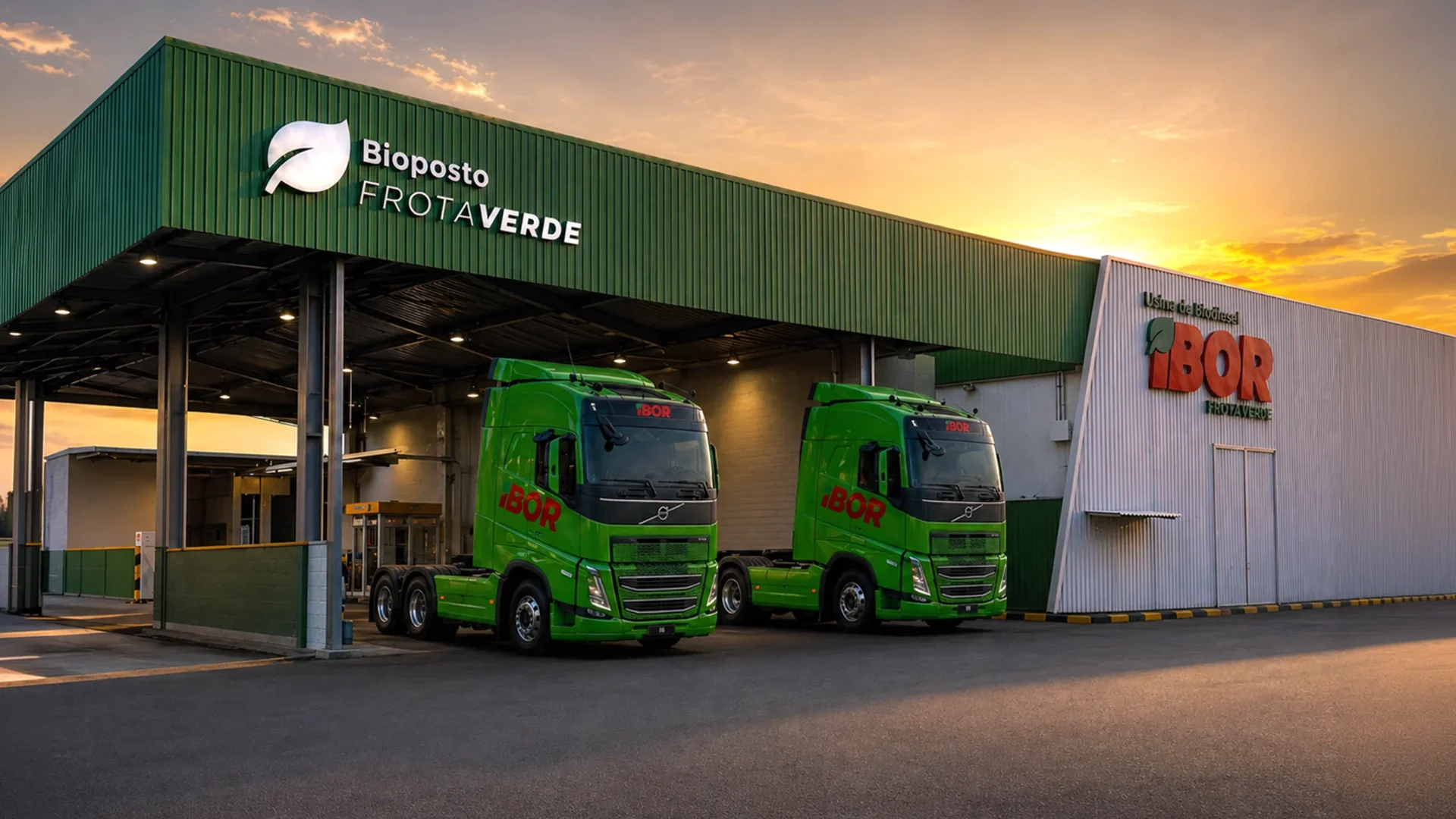 Caminhões IBOR verdes abastecendo no Bioposto Frota Verde com Usina de Biodiesel ao fundo, ao pôr do sol